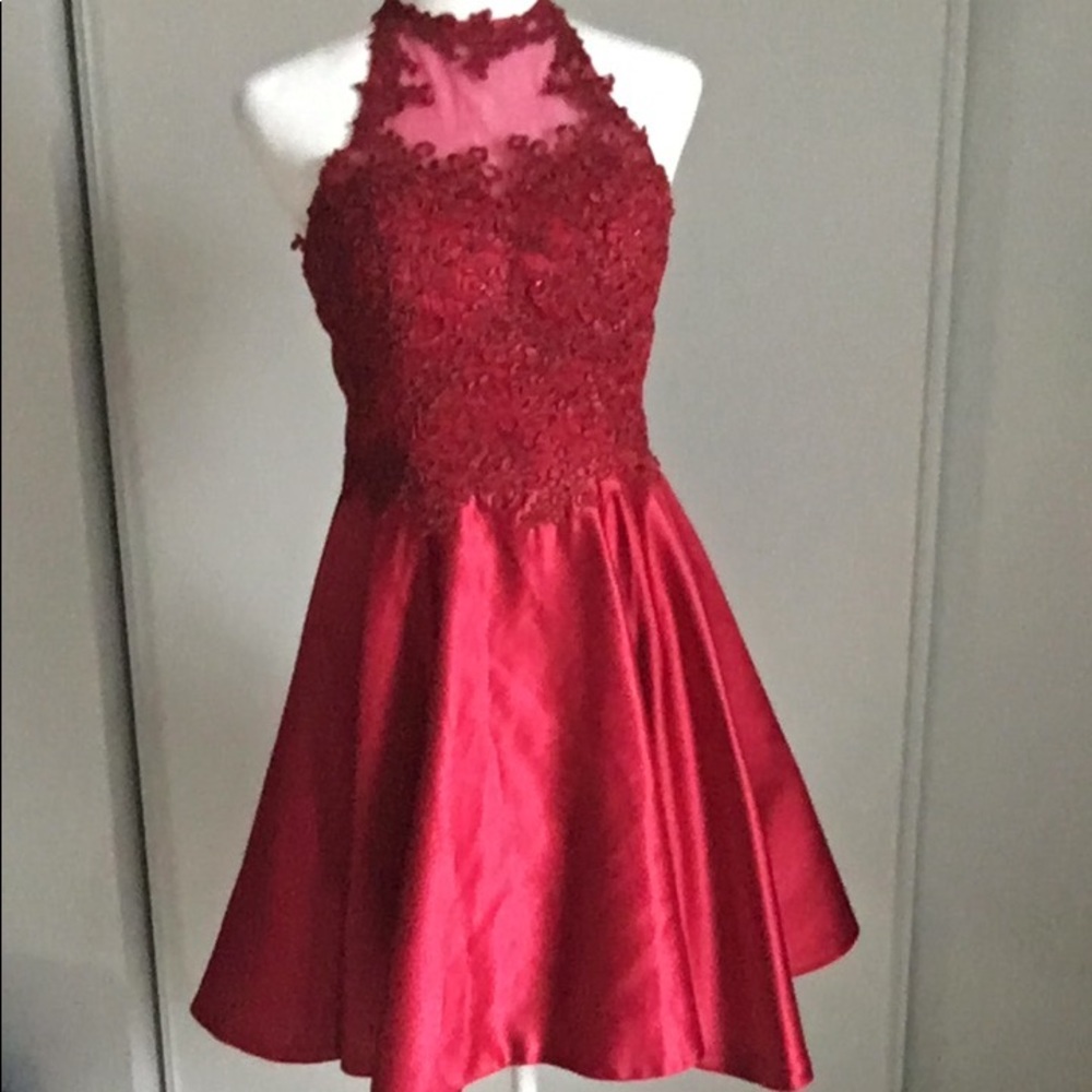 Juniors Homecoming Special Occasion Red Prom Formal Lace Halter Mini Dress